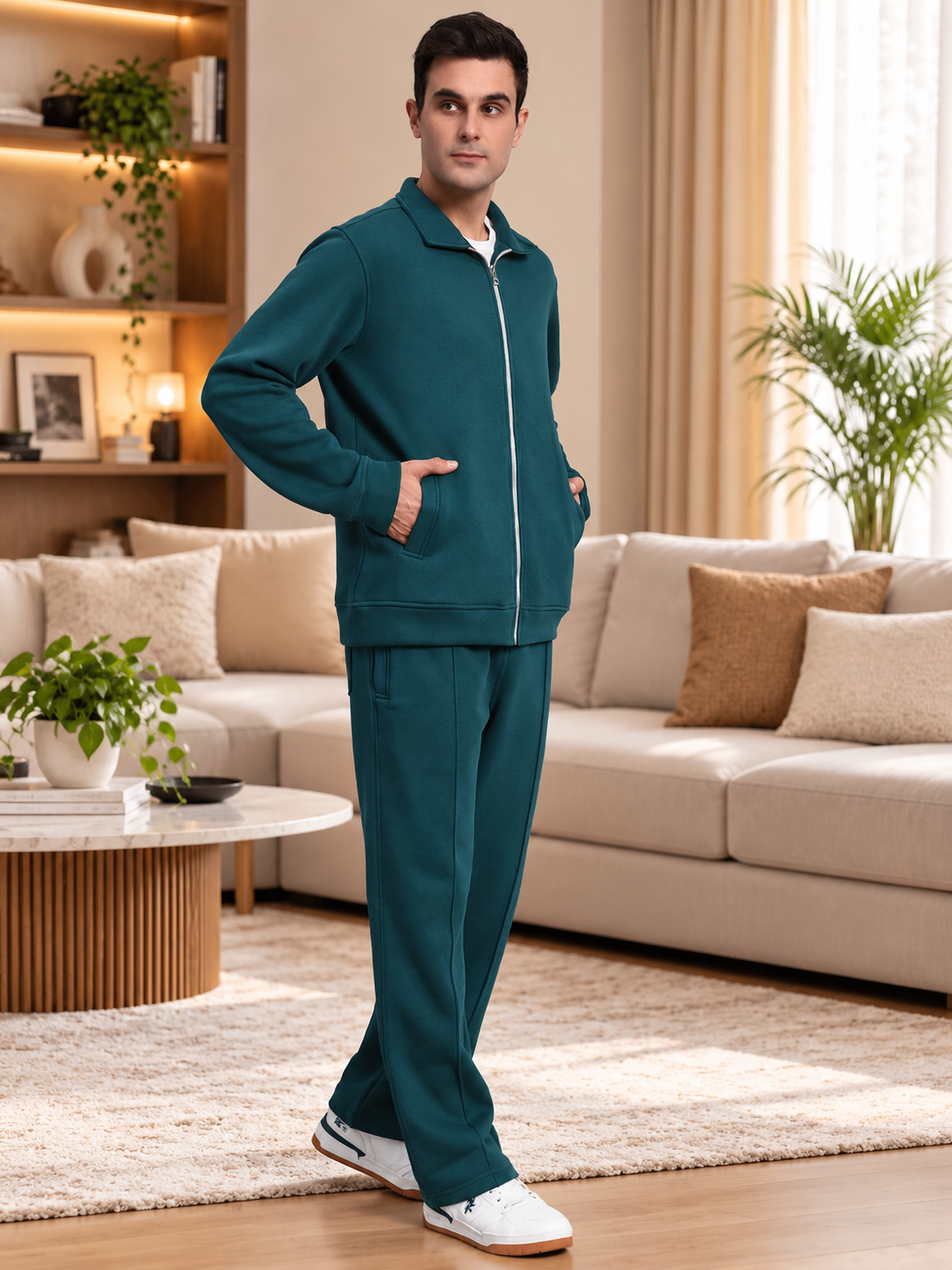 SHAGGY ZIPPER FLEECE CO-ORD SET TEAL GREEN - Wearduds, view 4