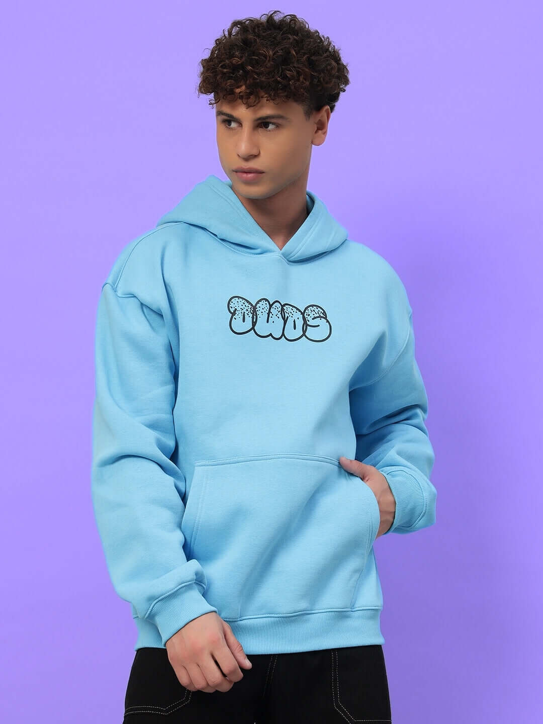 Man wearing Sharkwave Oversized Fleece Hoodie Light Blue, featuring soft fleece fabric and relaxed fit for comfort and style.
