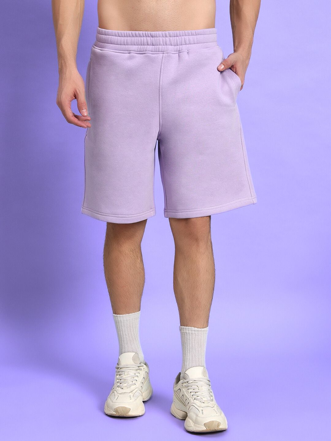 SILENT HUG PRINTED FLEECE CO-ORD LILAC shorts in light purple with comfortable fit and modern style.