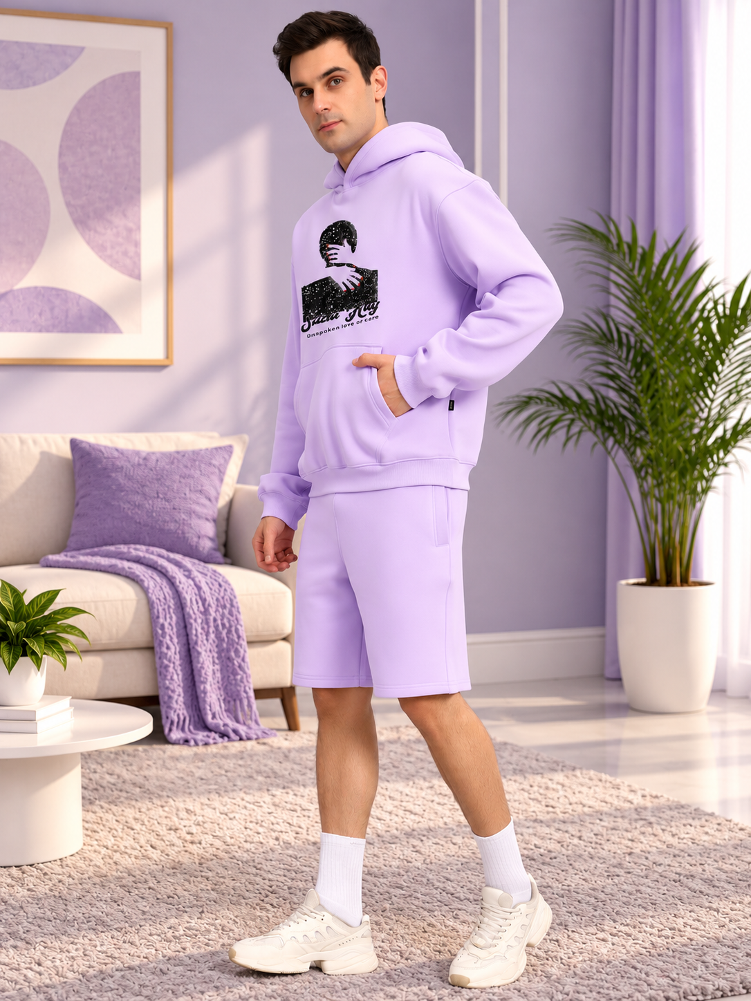Man wearing SILENT HUG PRINTED FLEECE CO-ORD LILAC hoodie and shorts set in a cozy living room