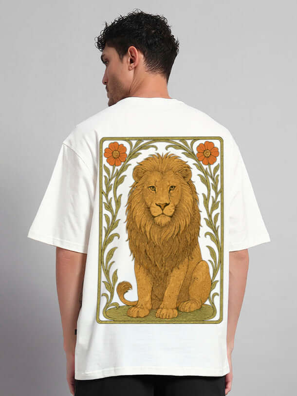 Back view of oversized off-white T-shirt featuring sitting lion graphic, made from premium cotton blend fabric.
