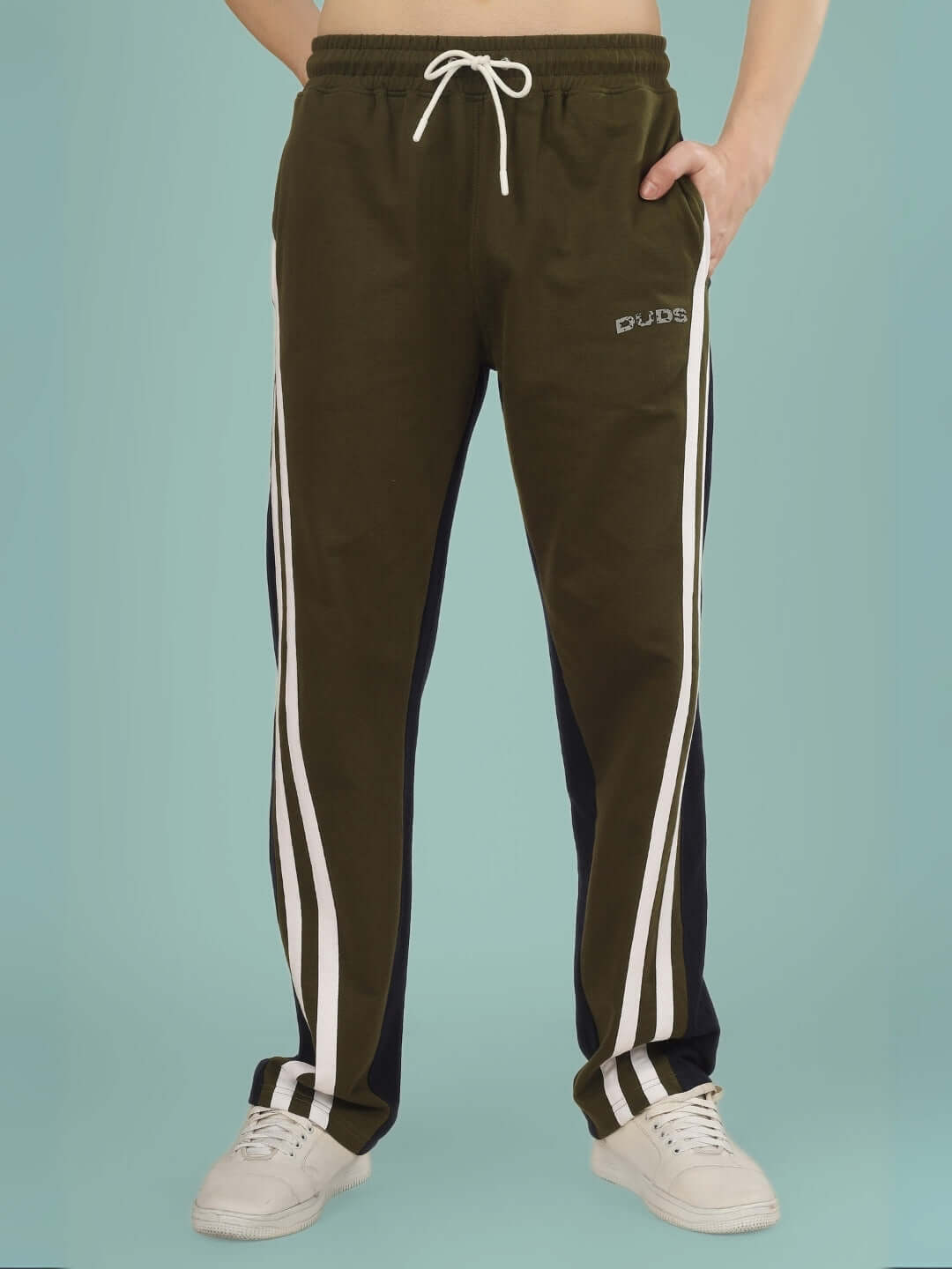 SKATER Korean baggy joggers in olive navy with white stripes by DUDS, featuring custom fit option, made by experienced tailors.