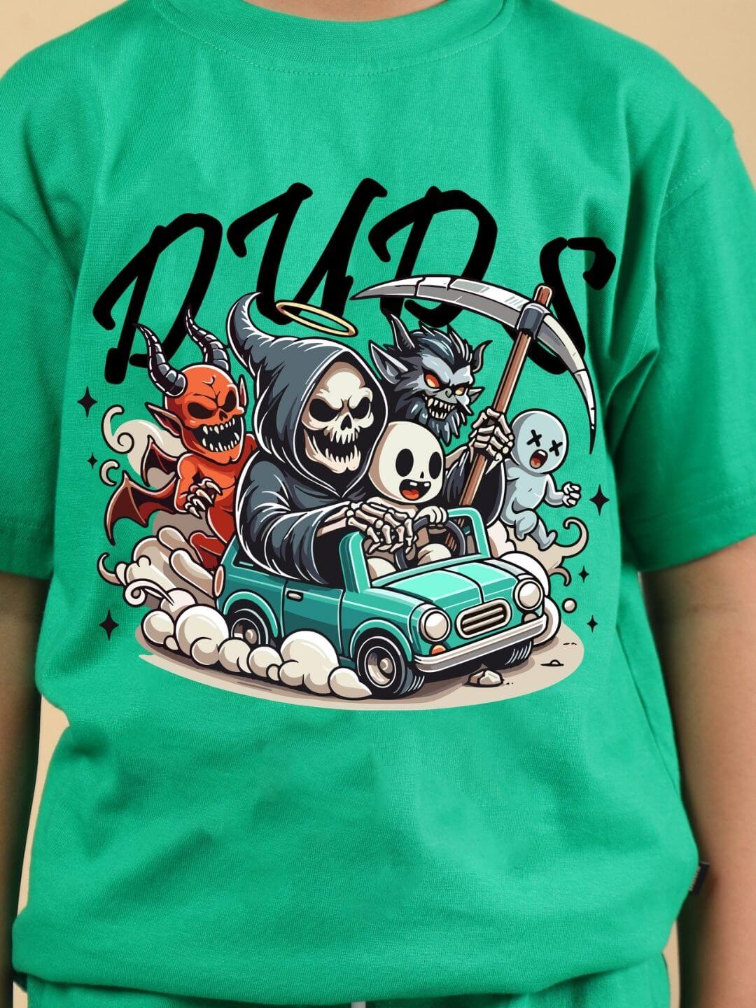 SKELETON RIDER CAR PRINT CO-ORD FOR BOYS AND GIRLS GREEN outfit with skeleton and car illustration on child.