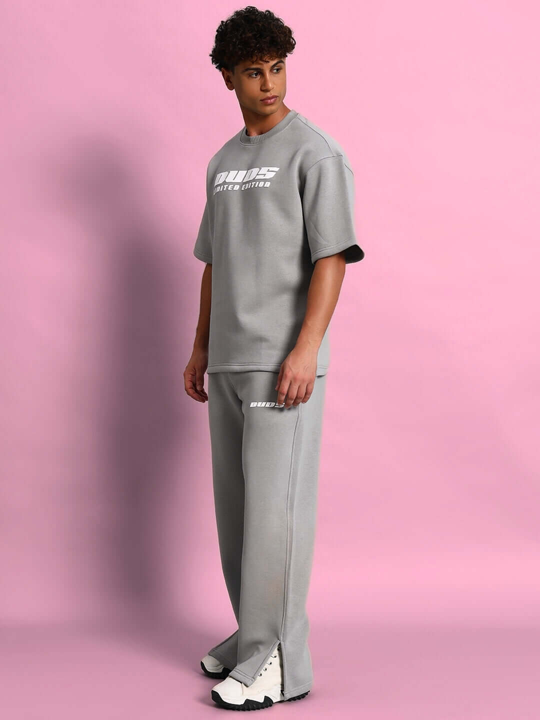 Model wearing SKODA COTTON FLEECE CO-ORD GREY, showcasing the comfortable and stylish athleisure set.