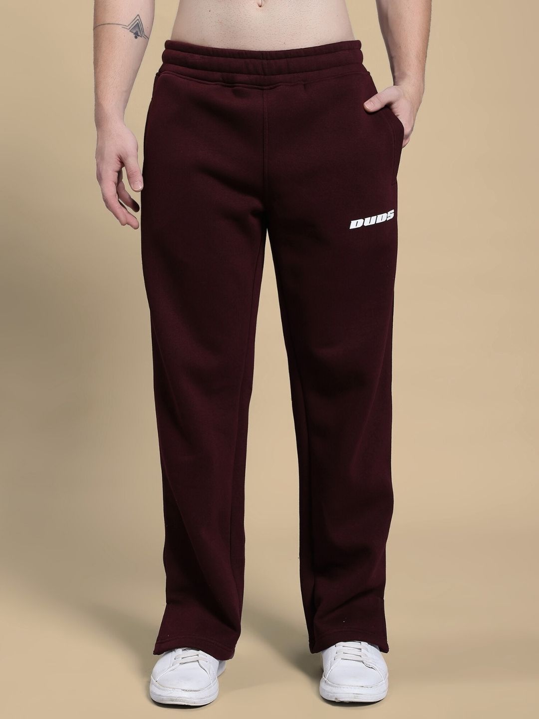 SKODA COTTON FLEECE JOGGER MAROON showcased in a casual street-smart style, offering softness and durability for everyday wear.
