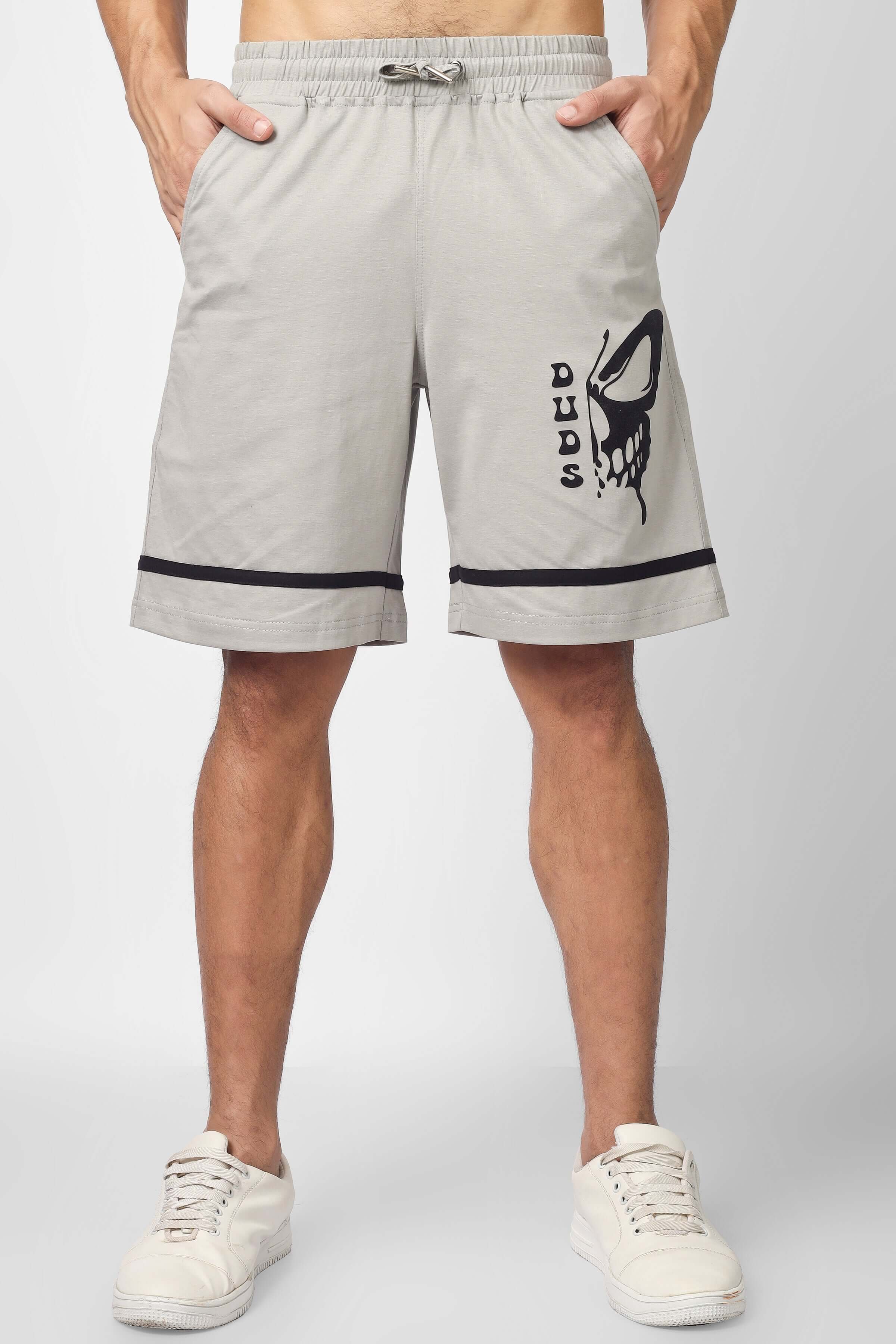 Grey skull butterfly regular fit shorts with custom fit option, featuring unique design on thigh. Ideal for casual wear.