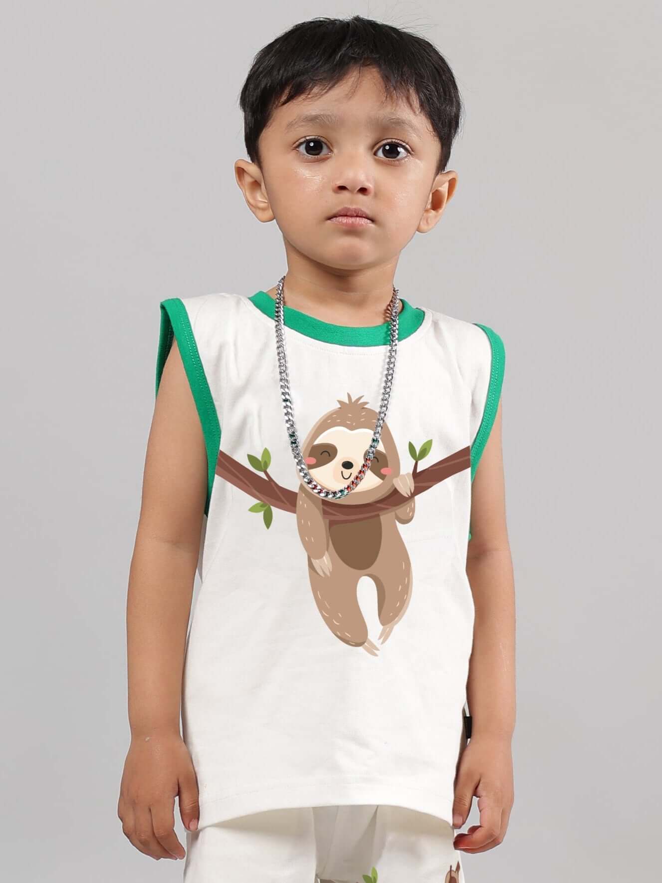 Child wearing off-white sloth t-shirt for boys and girls, featuring cute sloth graphic.