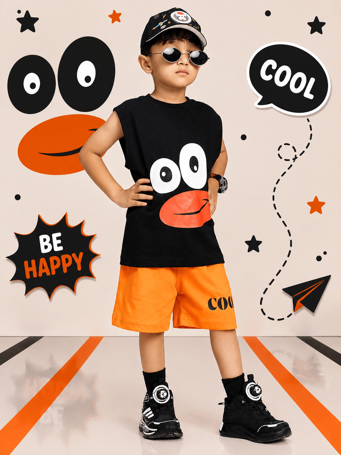 SMILEY EYES COOL SHORTS FOR BOYS GIRLS ORANGE worn by a stylish kid with sunglasses and a cap, posing confidently.