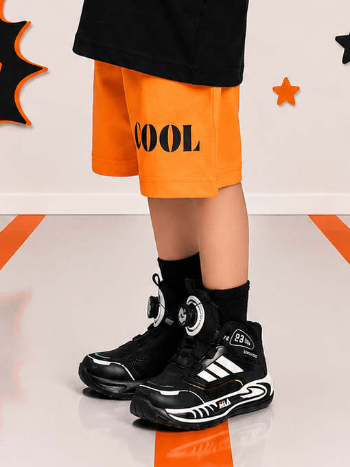 SMILEY EYES COOL SHORTS FOR BOYS GIRLS ORANGE, featuring cool orange shorts with stylish black sneakers.