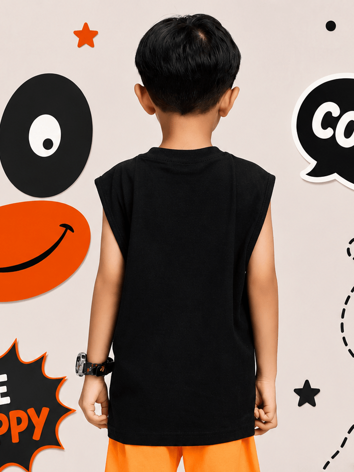 Boy wearing SMILEY EYES PRINT T-SHIRT FOR BOYS GIRLS BLACK, showing back view with playful background.