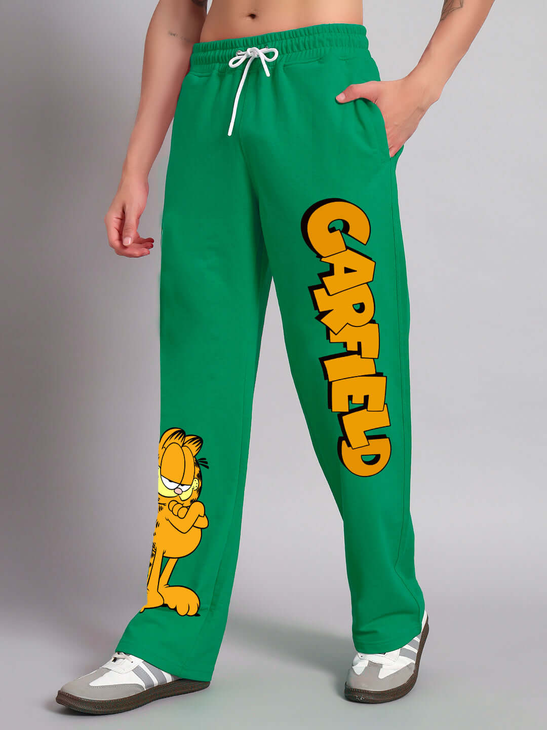 Green jogger pants featuring a relaxed fit with Garfield design, highlighting custom fit options by DUDS.