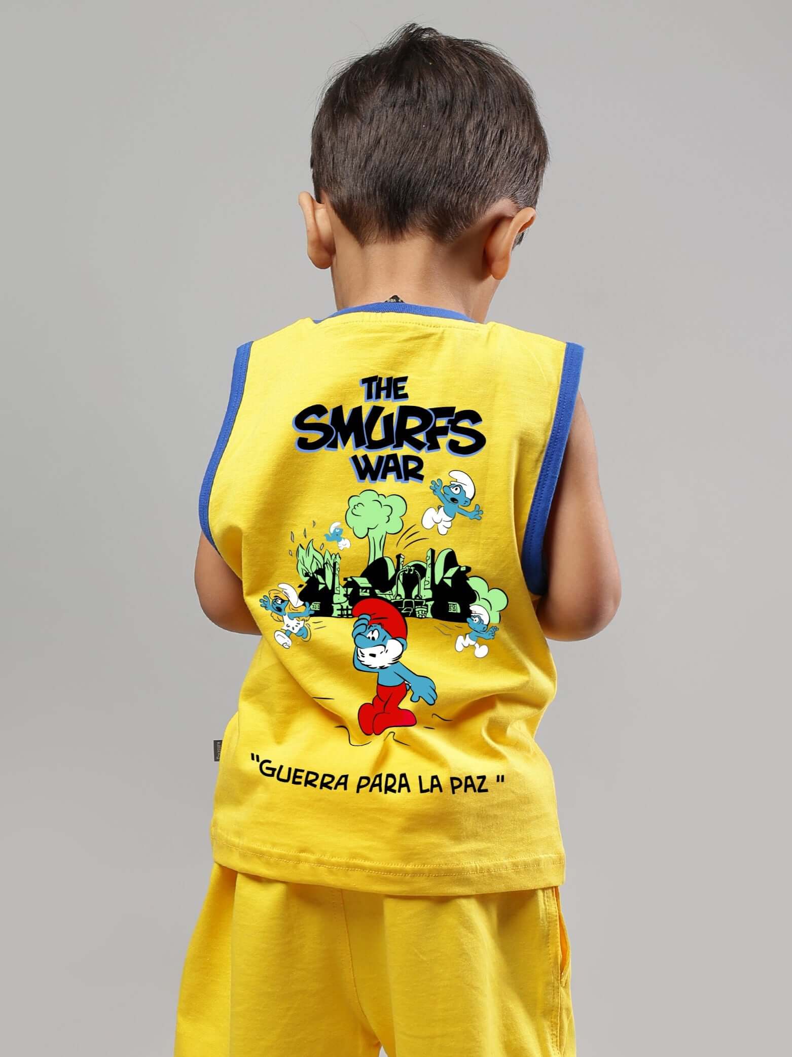 Yellow Smurfs Home T-shirt for kids, featuring cartoon characters on the back, ideal for boys and girls.