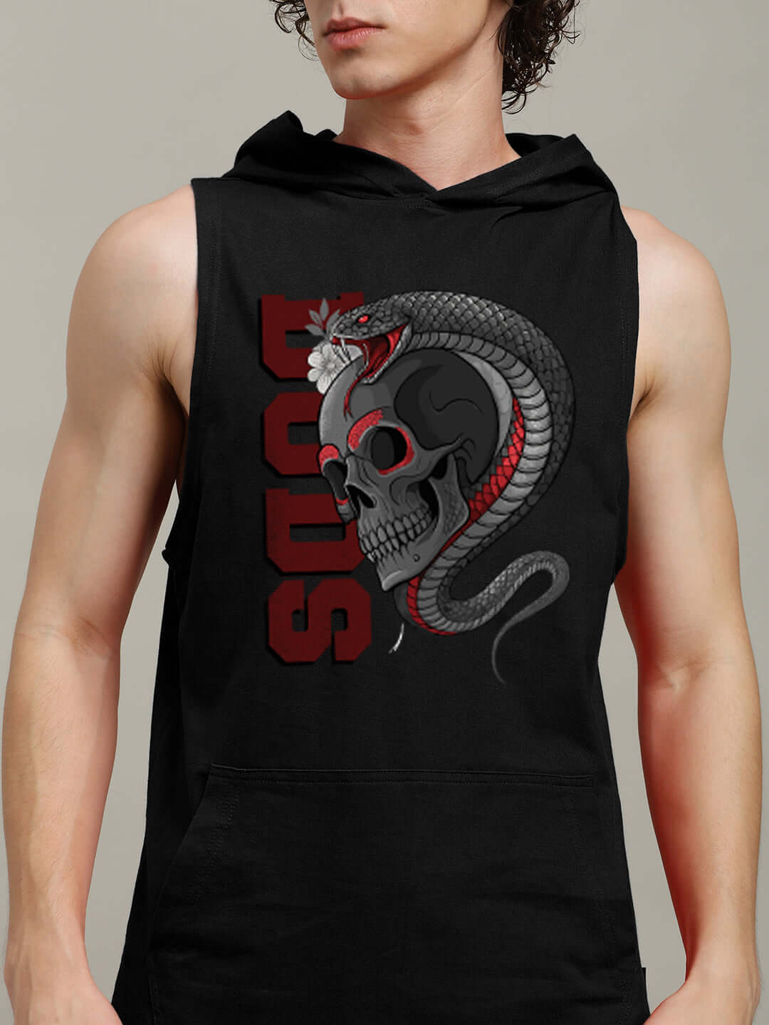 Black hooded gym T-shirt featuring snake and skull design on model.