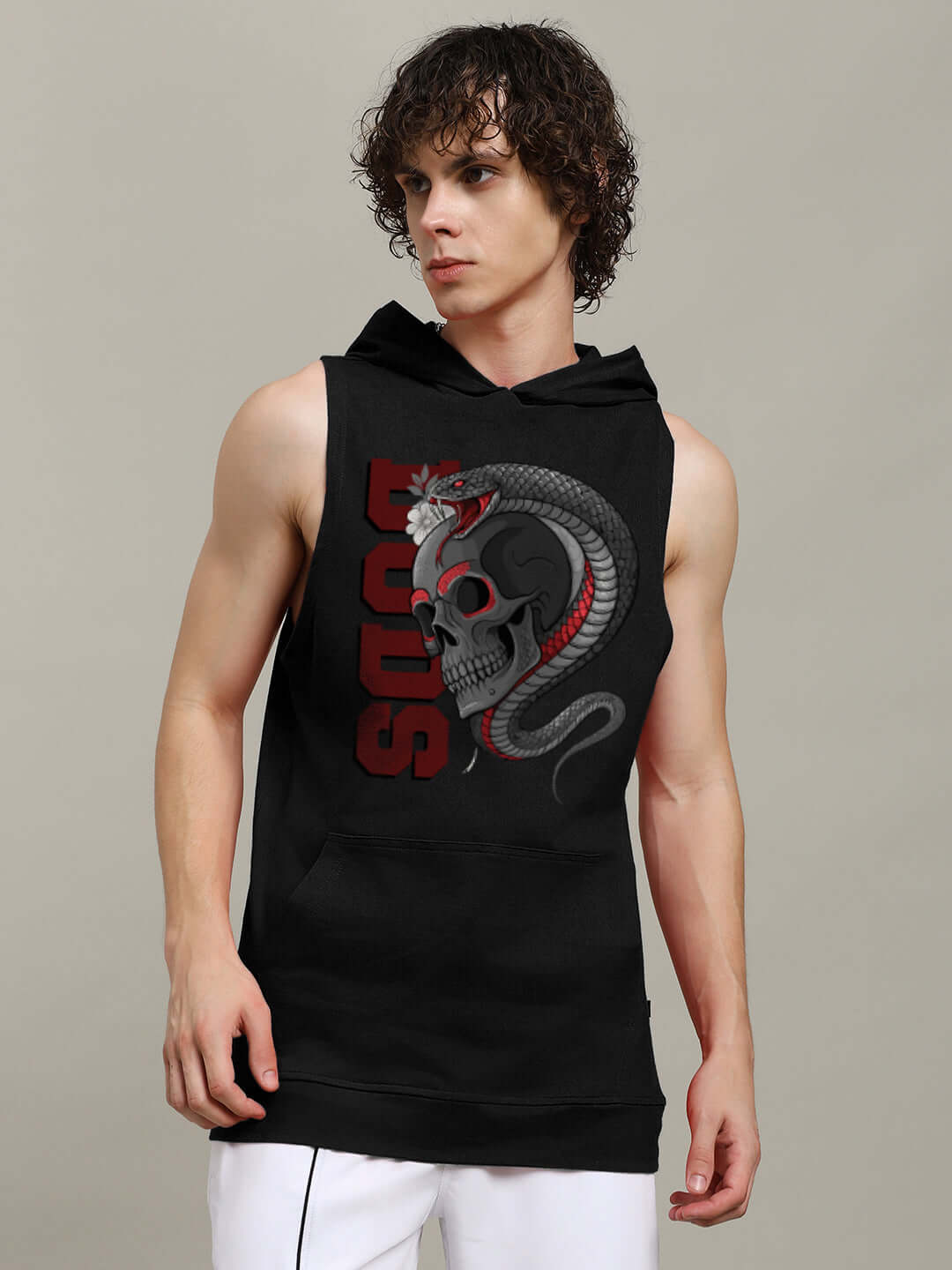 Black gym hooded t-shirt featuring a snake and skull design, worn by a model. Offers custom fit for prepaid orders, handmade with dedication.