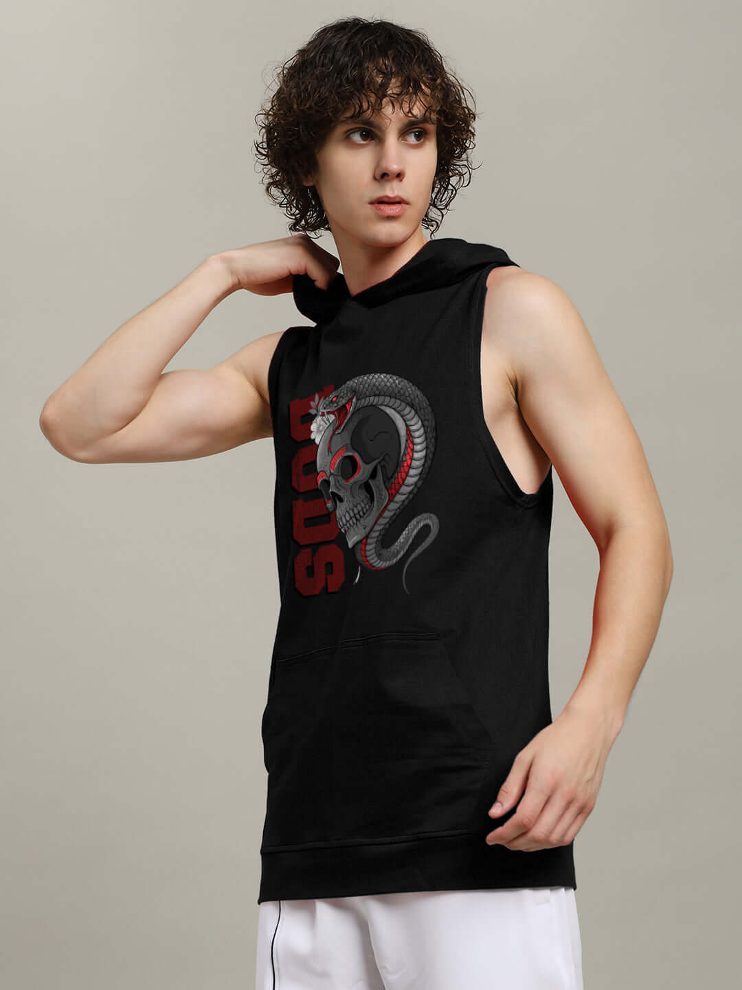 Black Snake & Skull Gym Hooded T-Shirt on model, sleeveless design for workouts, featuring bold graphics