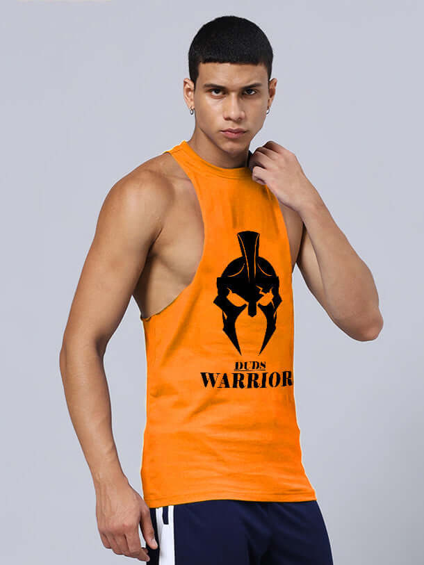 Model wearing orange SPARTAN WARRIOR printed gym t-shirt by DUDS with custom fit option available.