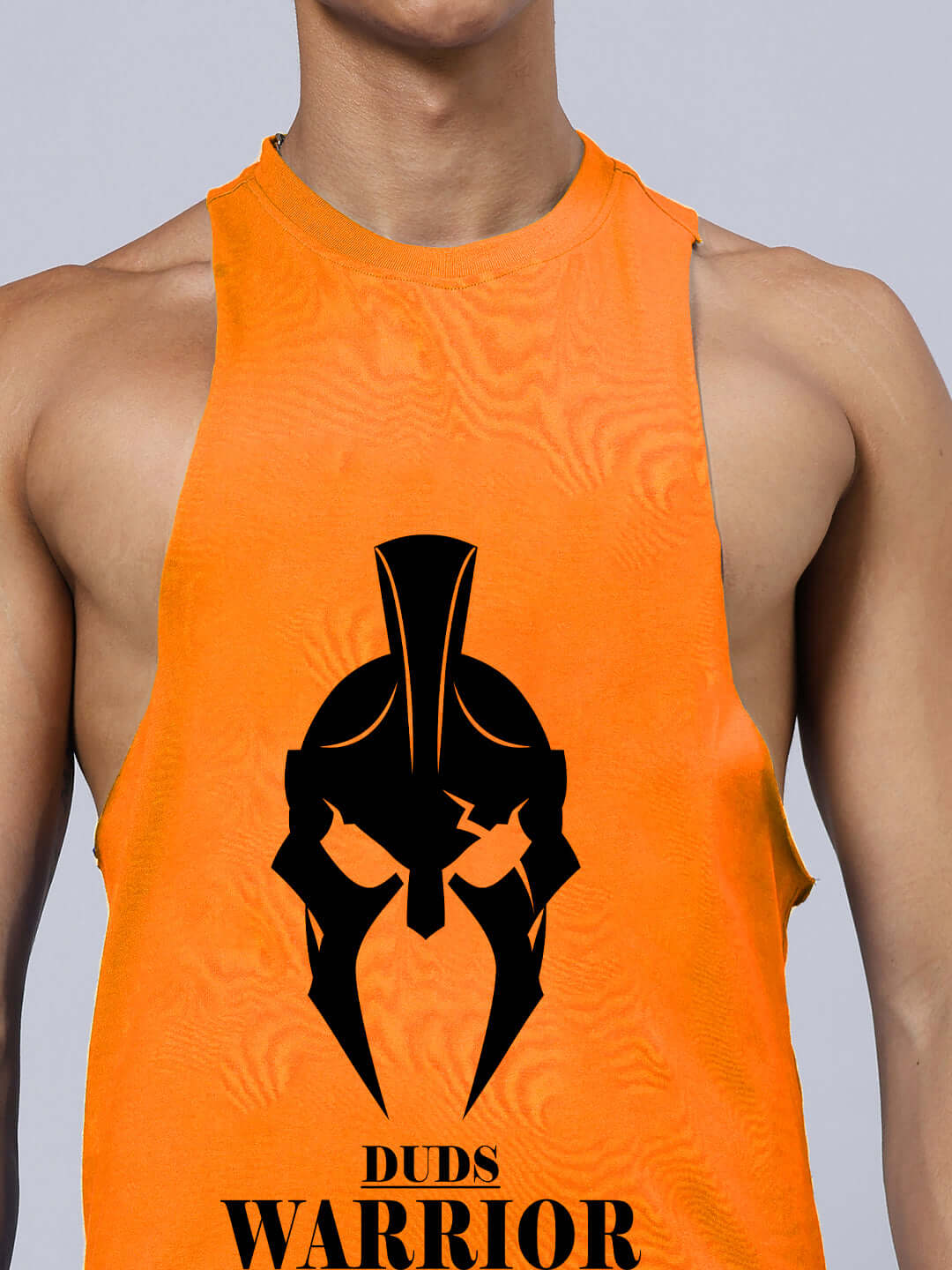 Spartan Warrior Printed Gym T-Shirt in orange by DUDS, featuring a custom fit option for personalized sizing.