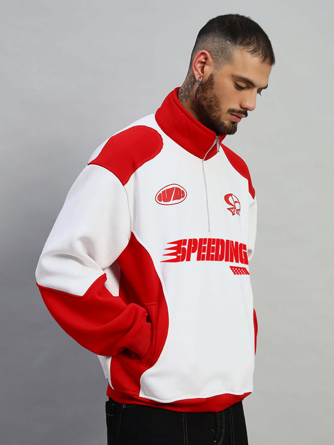SPEEDING Colorblock Jacket in Red, comfortable, stylish outerwear, customizable fit by DUDS, made to order, 7-10 day dispatch time.
