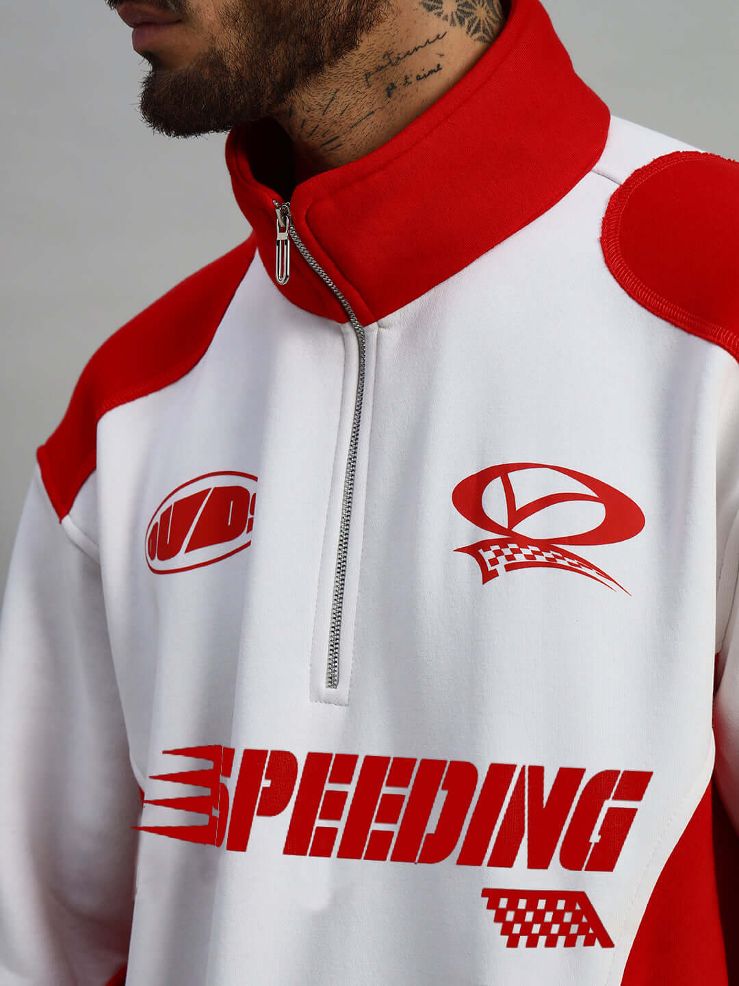 Red and white Speeding Colorblock Jacket from DUDS, featuring a zipper and logo design, made-to-order by experienced tailors.
