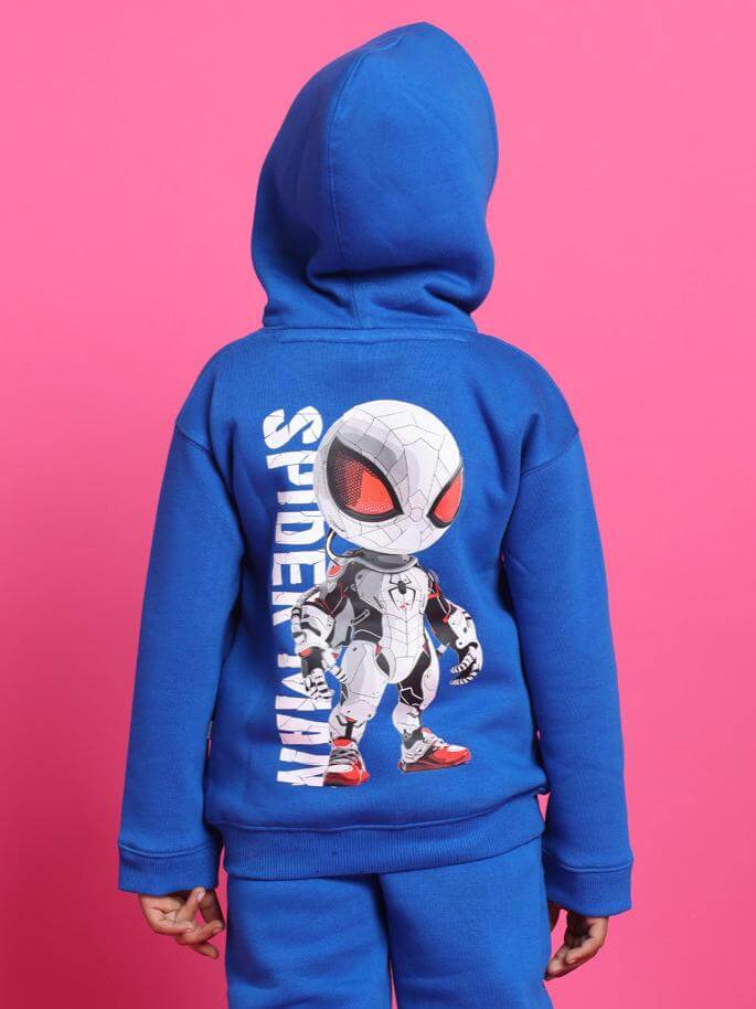 Child wearing a blue Spiderrobo oversized hoodie with a cartoon spider character, suitable for boys and girls.