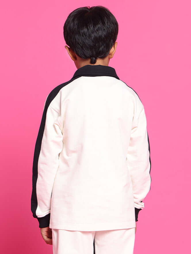 Child wearing Splinter over-sized sweatshirt in off white-black, premium 100% cotton, back view, designed by Color By Colours, India.