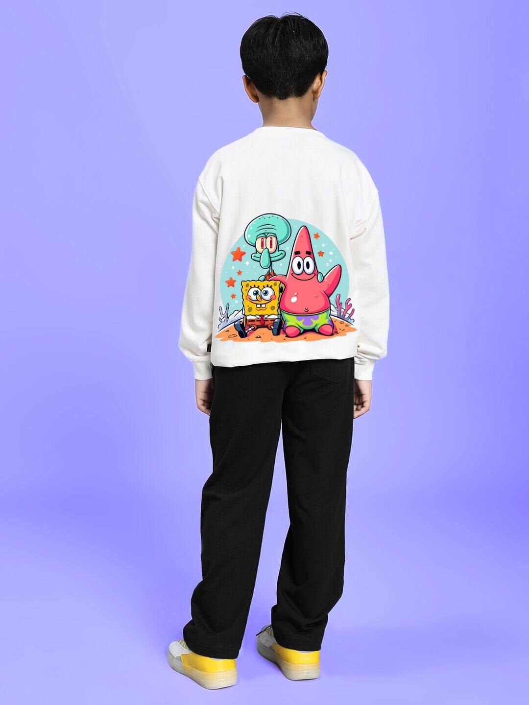 SPONGEBOB SQUAREPANTS CO-ORD FOR BOYS AND GIRLS WHITE BLACK with cartoon print on back, playful style for kids.