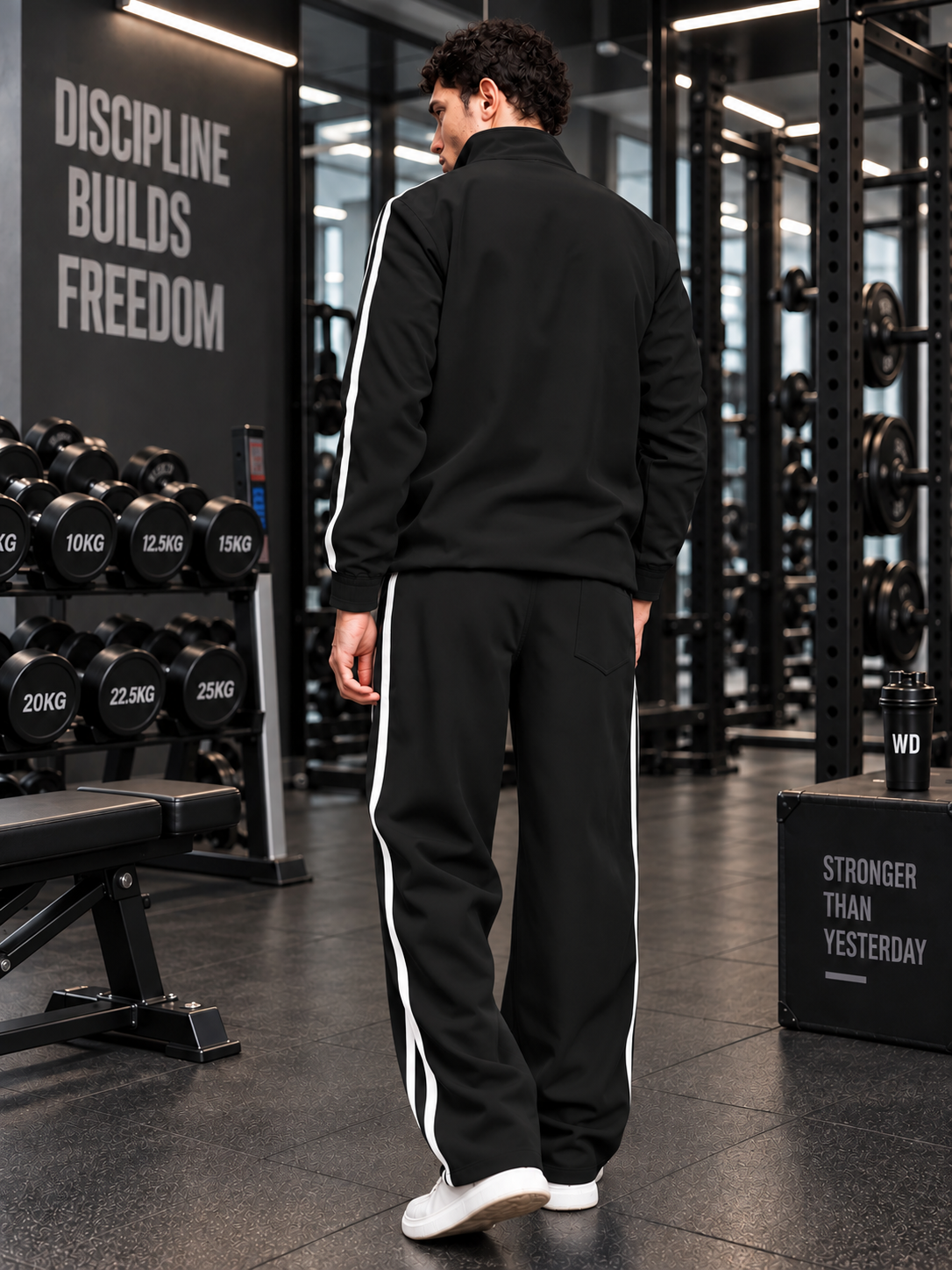 SPORTY ZIP UP RELAXED FIT CO-ORD SET BLACK worn by man in gym, back view with side stripe detail