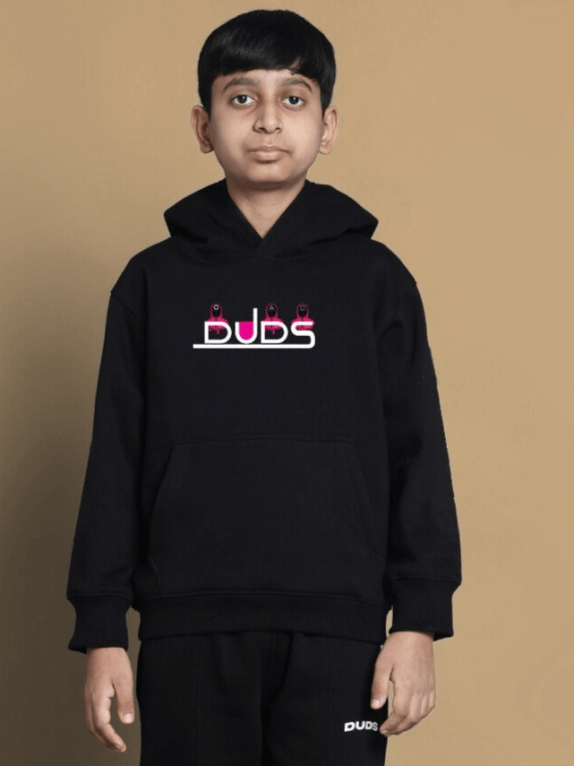 Child wearing SQUID OVERSIZED HOODIE BOYS & GIRLS BLACK by DUDS, made by experienced tailors, customizable fit available.