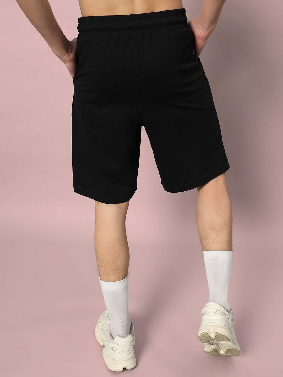 Rear view of STAR DUST regular fit black shorts, perfect for custom fitting, handmade with dedication.