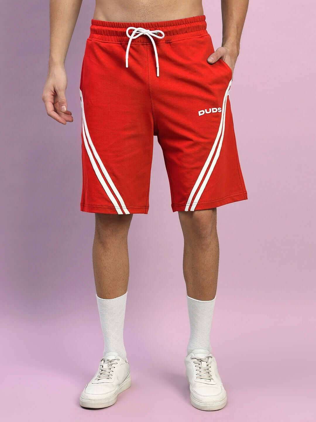 Red STAR JUMPER Regular Fit Shorts with white side stripes and drawstring, by DUDS. Available in custom fit for prepaid orders.