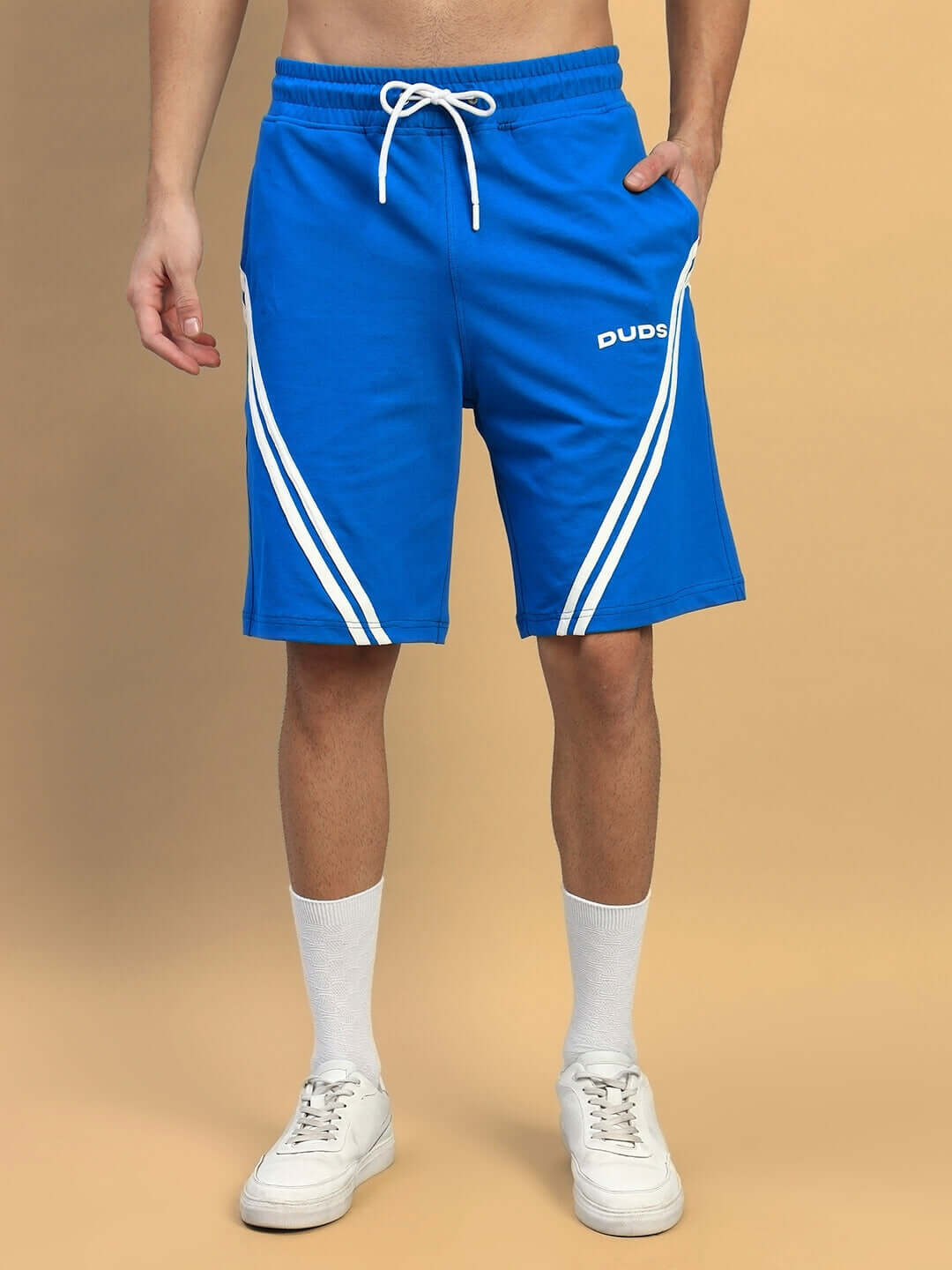 STAR JUMPER Royal Blue Regular Fit Shorts with drawstring waist, shown on model. Custom Fit available for prepaid orders with 7-10 day dispatch.