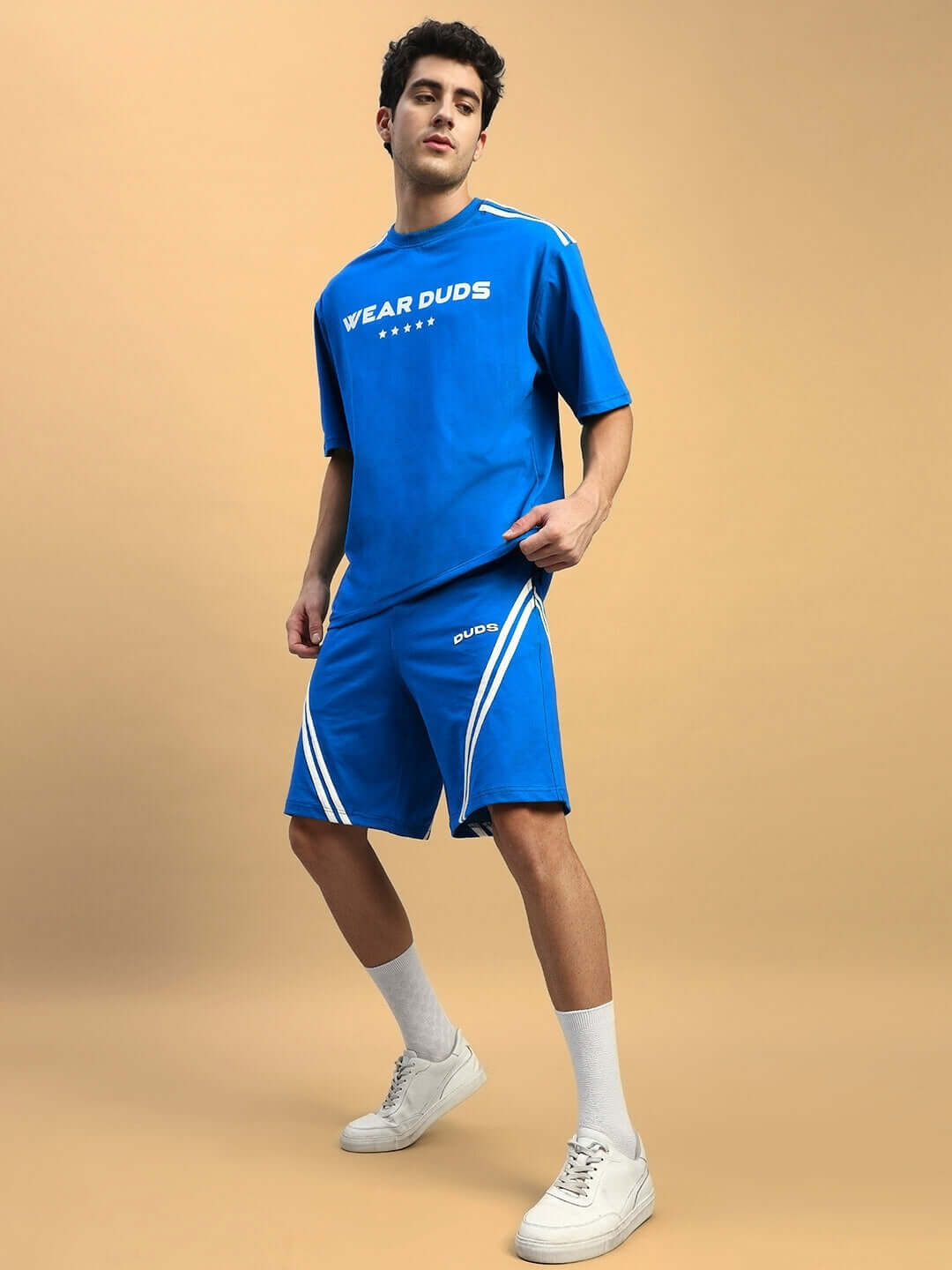 Royal blue STAR JUMPER summer co-ord set in premium cotton fabric, featuring a casual fit with shorts and a crewneck top.