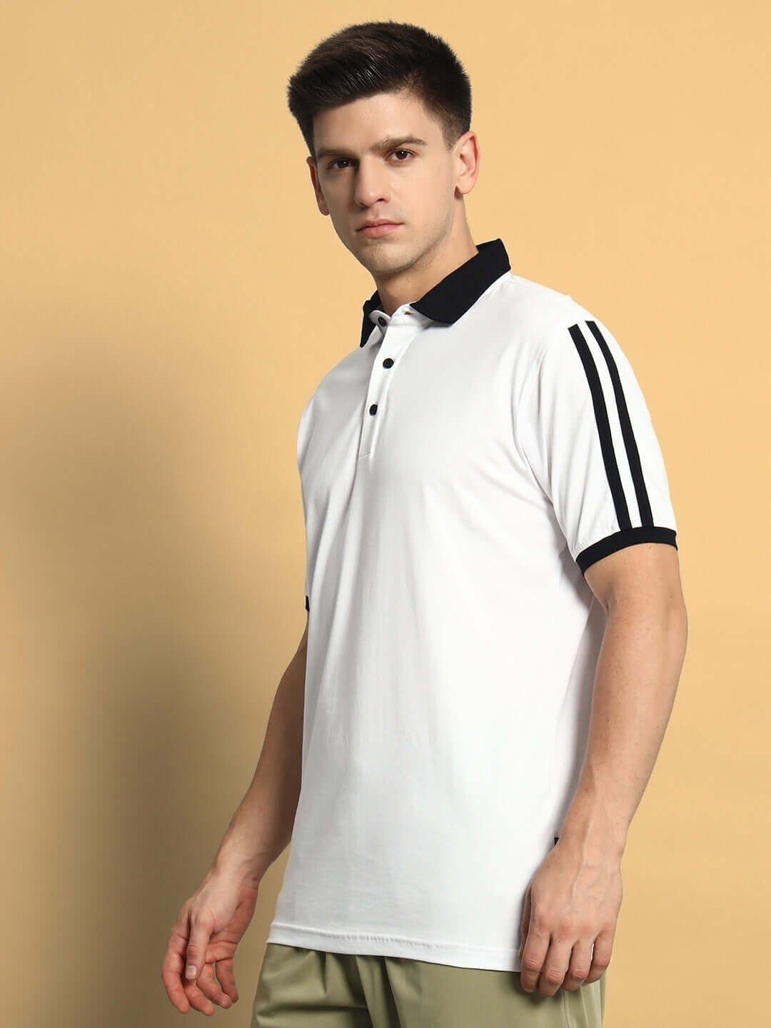 Alt Tag: Model wears Staunch Polo Regular Fit T-Shirt in white, half sleeves, 100% cotton, premium fabric, perfect for daily comfort.