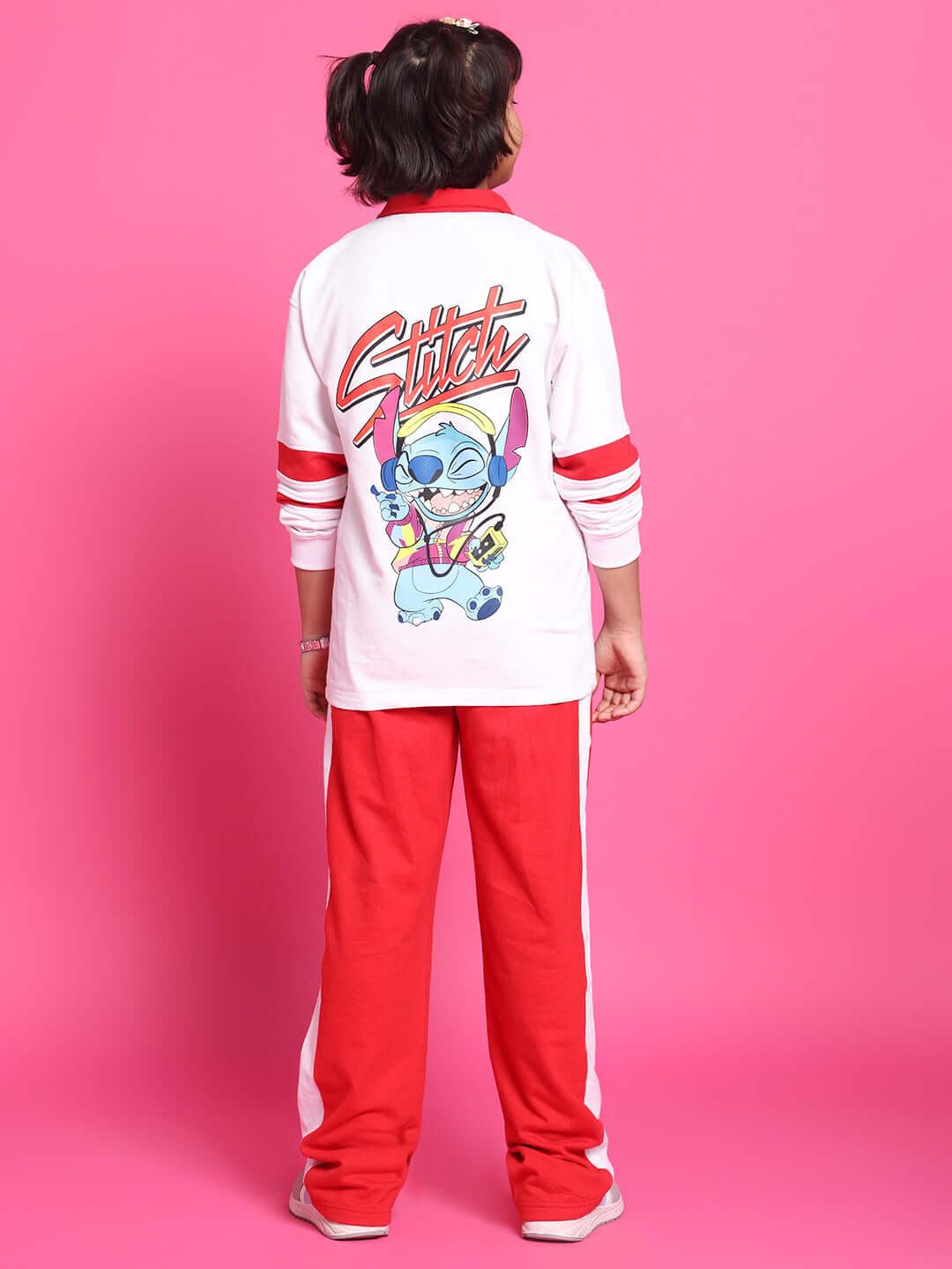 Child wearing STITCH OVERSIZED CO-ORD SET FOR BOYS GIRLS WHITE RED with character design, showcasing bold and comfortable style.