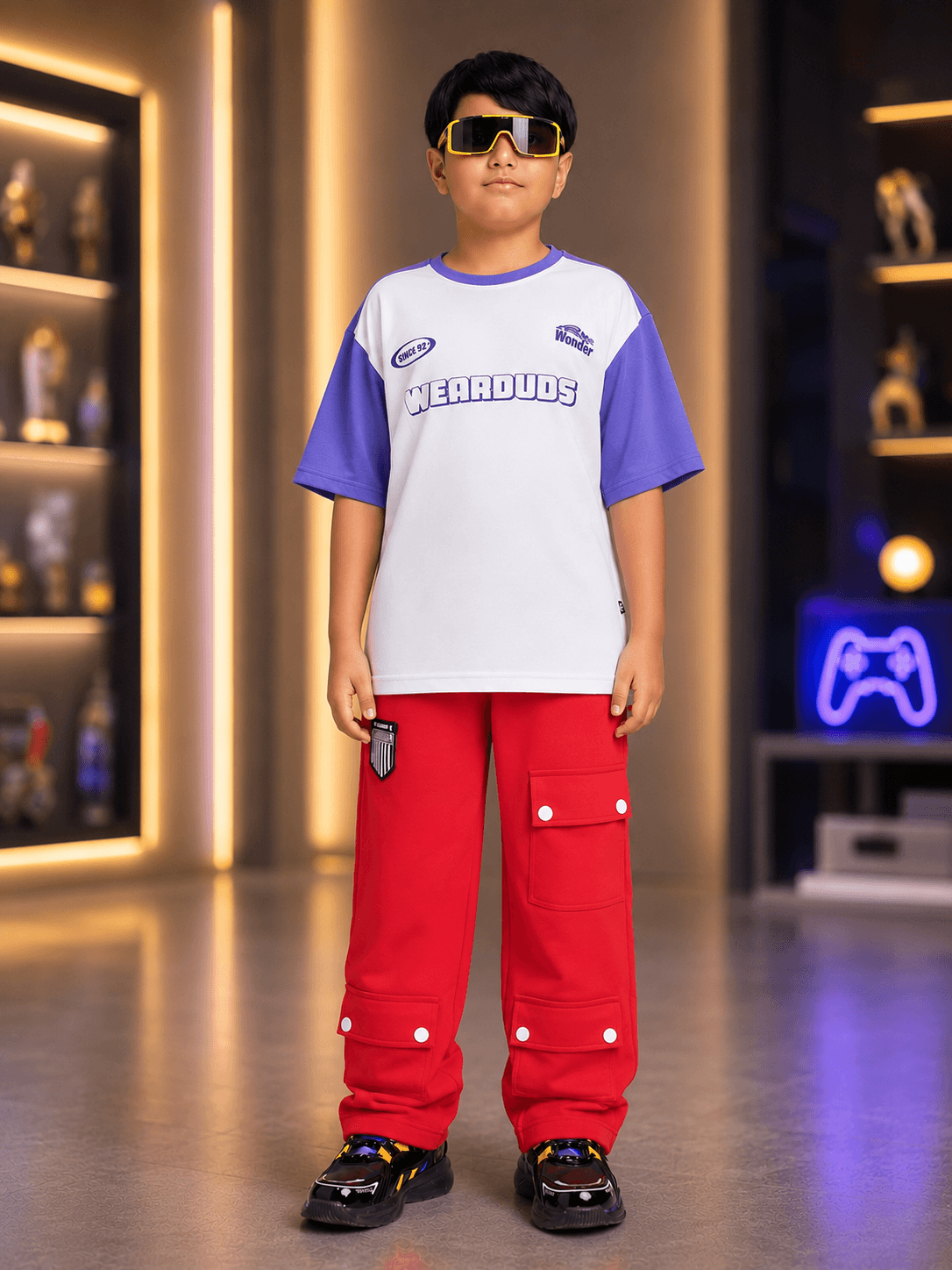 STREET WONDER CO-ORD FOR BOYS GIRLS WHITE RED outfit featuring a trendy white and red co-ord style, ideal for kids.