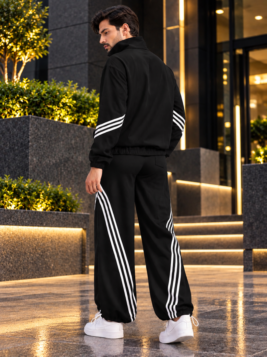 STREETWEAR THREE STRIPE CO-ORD SET FULL ZIPPER BLACK worn by man standing outdoors near stairs
