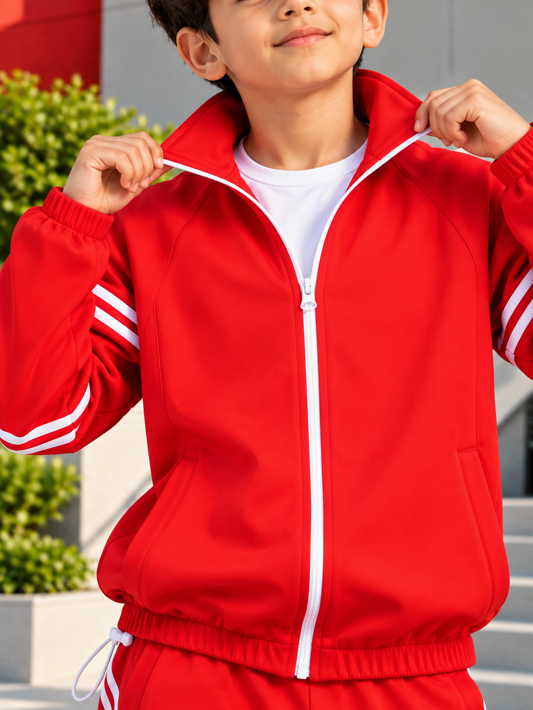STREETWEAR THREE STRIPE CO-ORD SET FULL ZIPPER FOR KIDS RED worn by boy outdoors