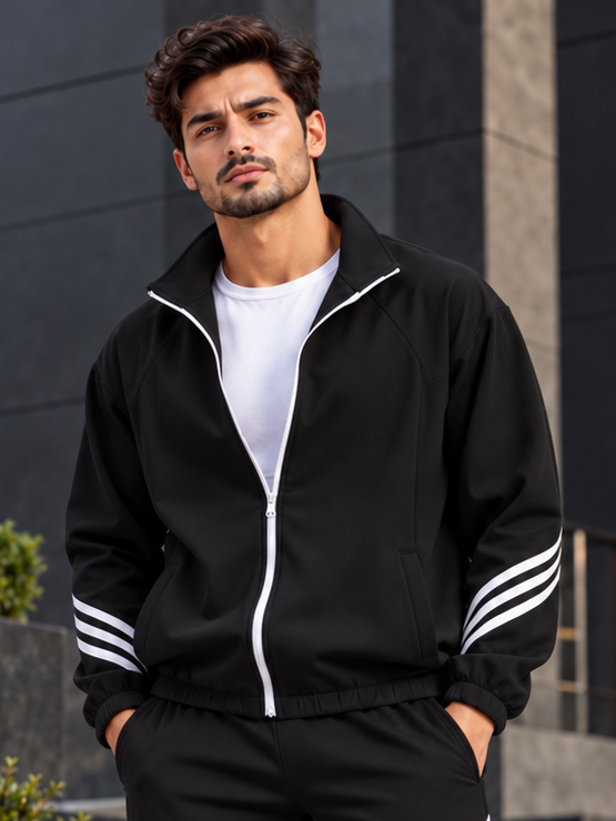 STREETWEAR THREE STRIPE JACKET FULL ZIPPER BLACK worn by model with white tee for urban casual style