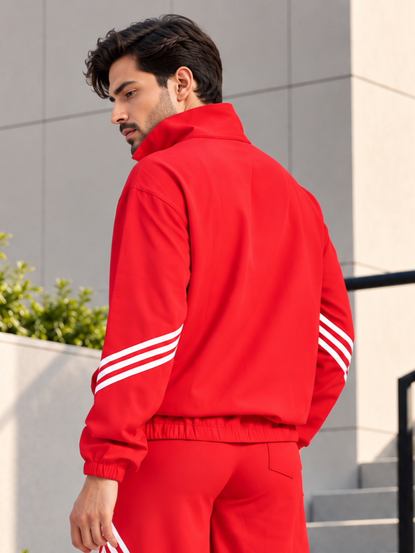 STREETWEAR THREE STRIPE JACKET FULL ZIPPER RED worn by model showing back design with white stripe detailing