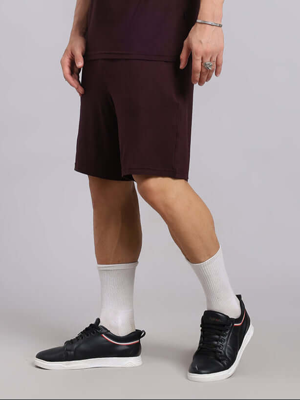 STRENGTH FREAK WINE shorts with custom fit option, shown with casual shoes and socks, designed for personalized comfort.