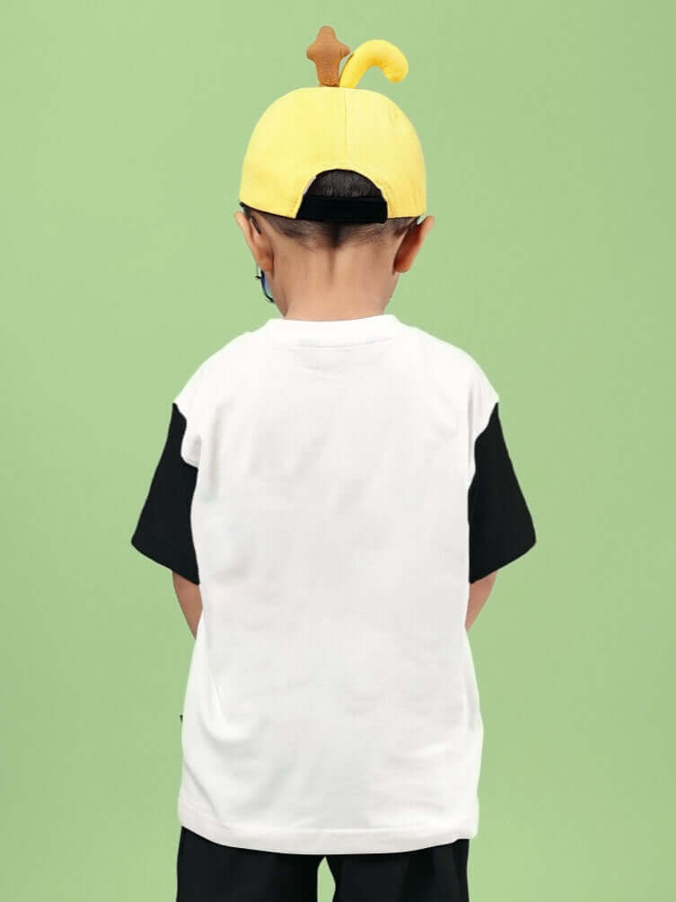Child wearing STYLISH ROBOT T-SHIRT FOR BOYS & GIRLS OFF WHITE-BLACK, back view