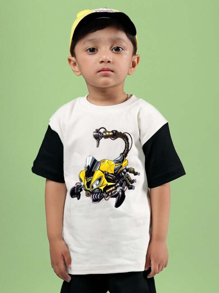 Boy wearing STYLISH ROBOT T-SHIRT FOR BOYS & GIRLS OFF WHITE-BLACK with yellow robot print on green background.