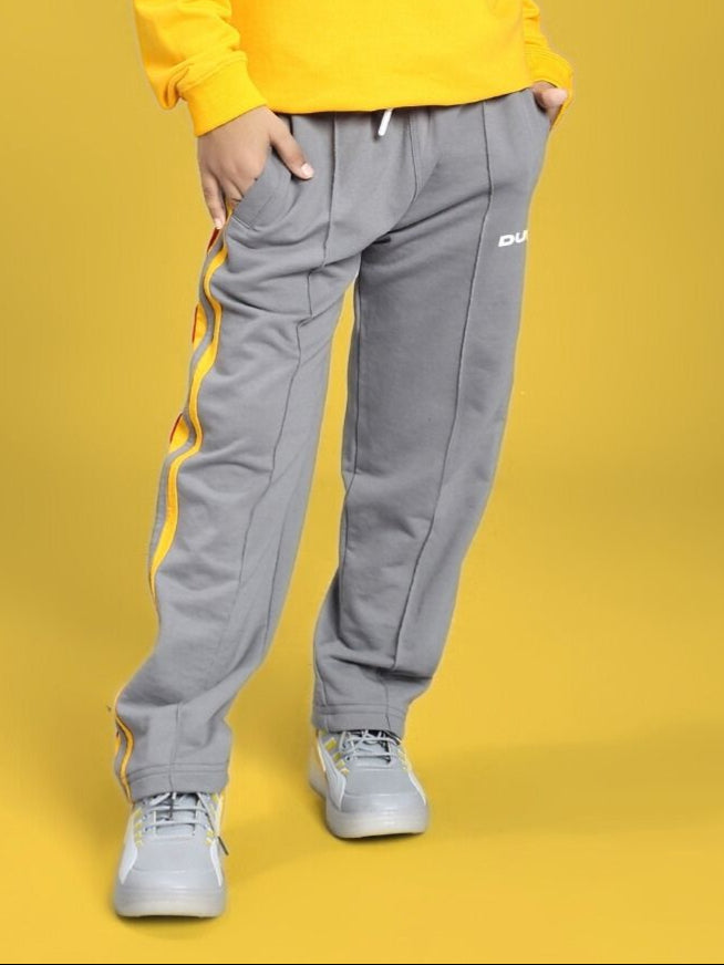 SUNSHINE STRIPE JOGGER FOR BOYS AND GIRLS RED GREY with yellow stripe design, featuring comfortable fit and casual style.