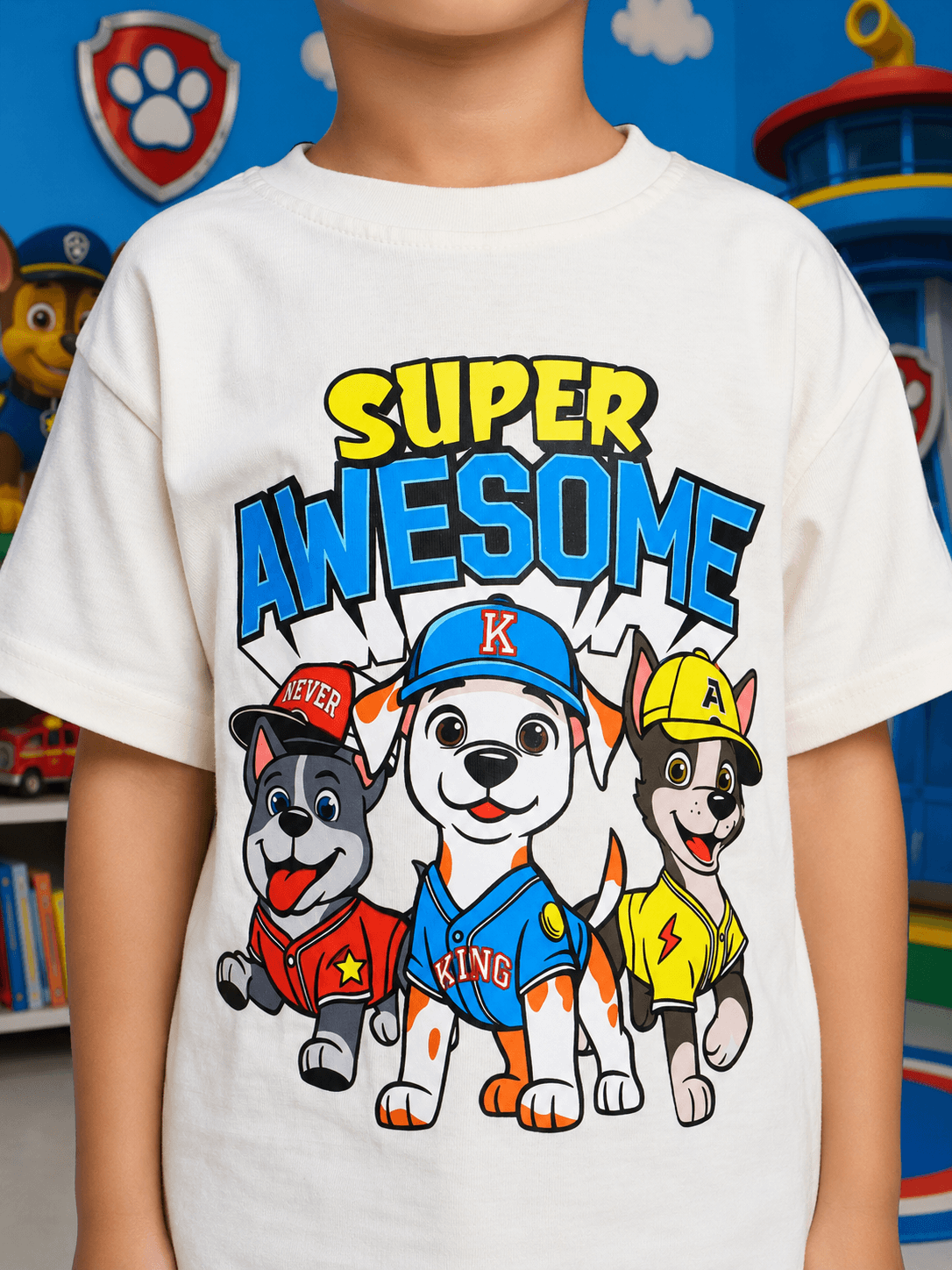 SUPER SQUAD T-SHIRT FOR BOYS GIRLS WHITE featuring playful dog graphics and vibrant colors.