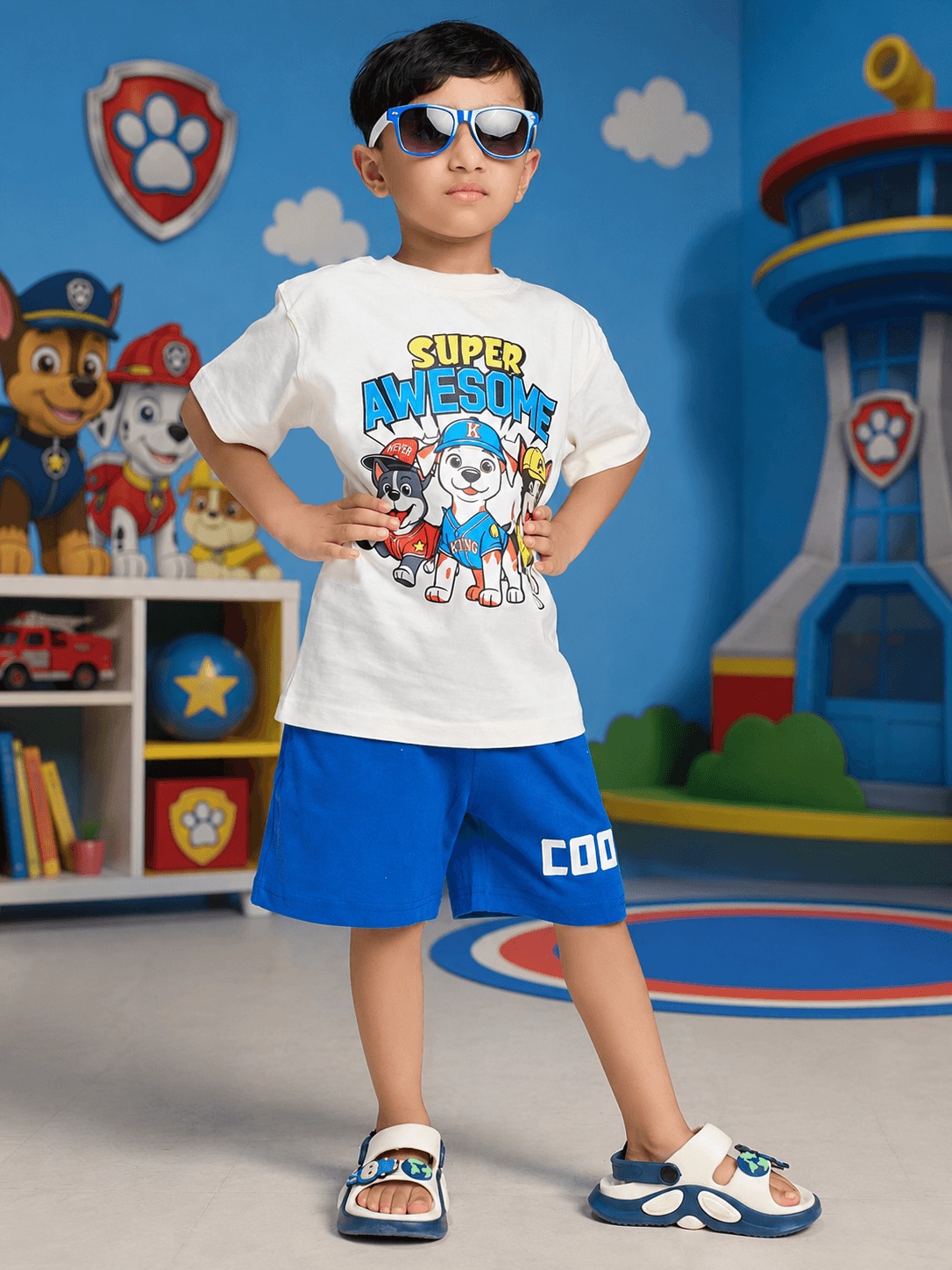 A boy in stylish sunglasses wearing a SUPER SQUAD T-SHIRT FOR BOYS GIRLS WHITE with blue shorts.