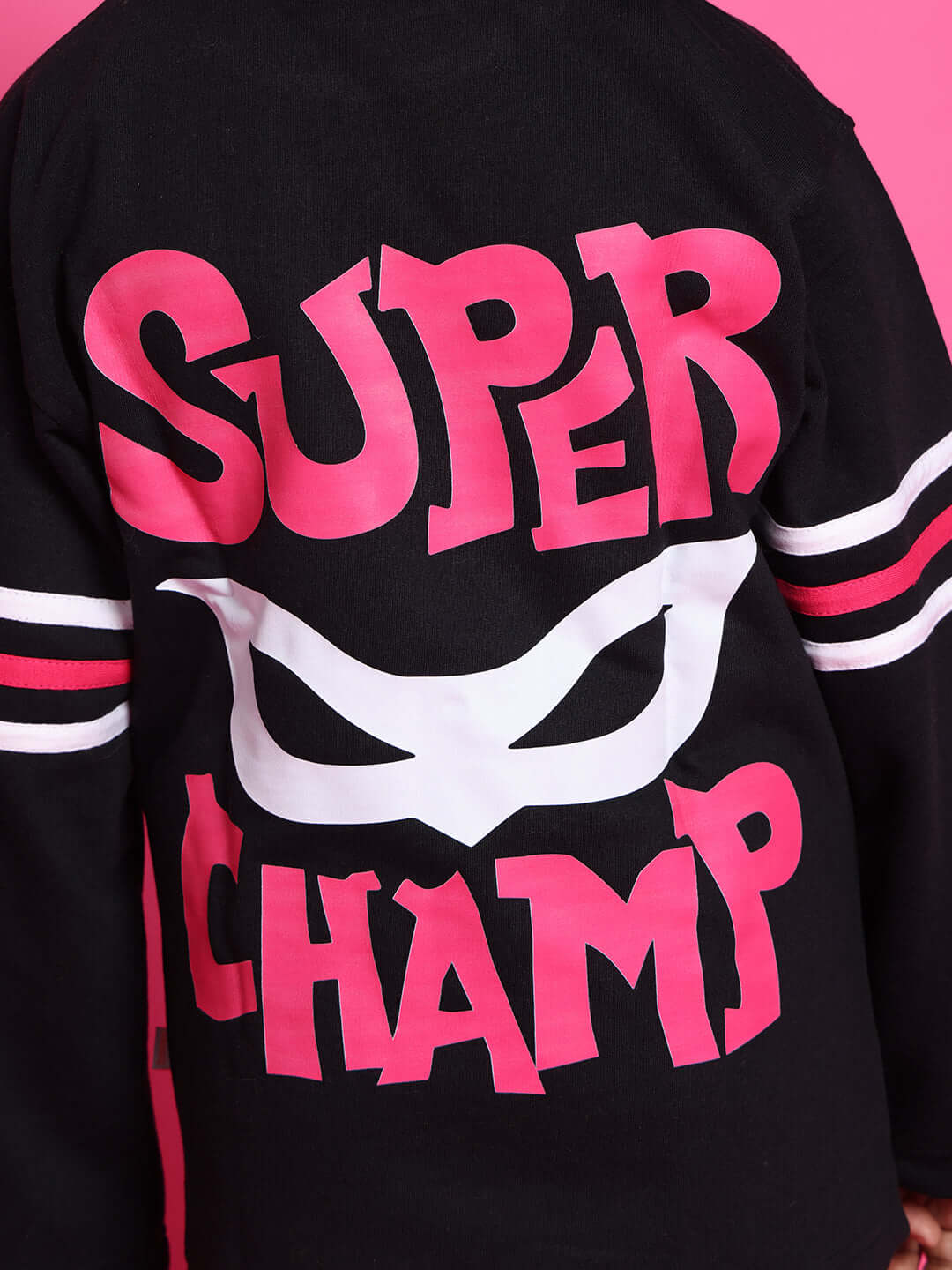 Back view of SUPER CHAMP CO-ORD FOR BOYS GIRLS BLACK with bold design