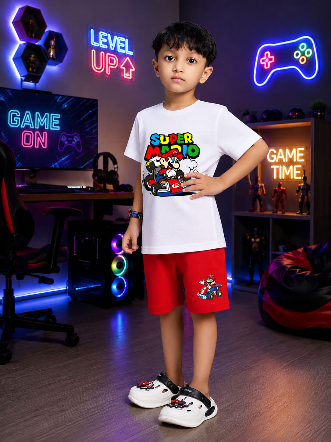 SUPER MARIO GRAPHIC CO-ORD FOR BOYS GIRLS WHITE RED worn by a boy in a gaming-themed room.