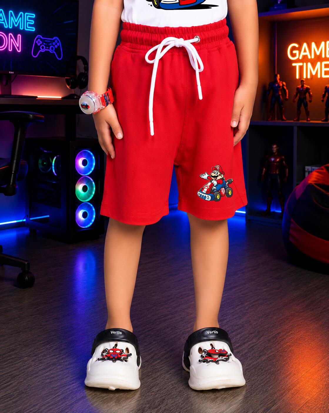 SUPER MARIO GRAPHIC CO-ORD FOR BOYS GIRLS WHITE RED featuring red shorts and Mario graphic.
