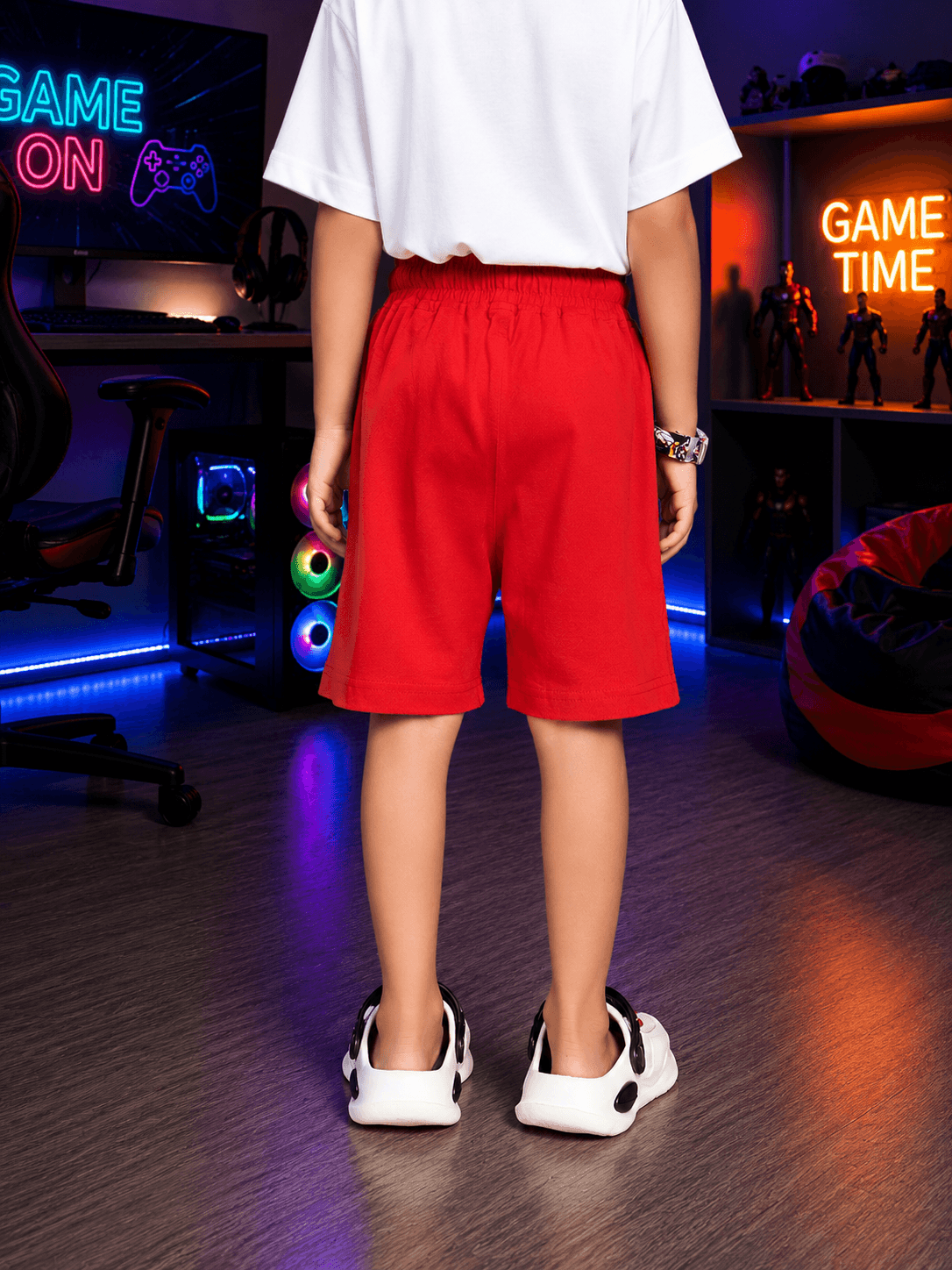 SUPER MARIO GRAPHIC CO-ORD FOR BOYS GIRLS WHITE RED displayed on a child, featuring red shorts and a white shirt.