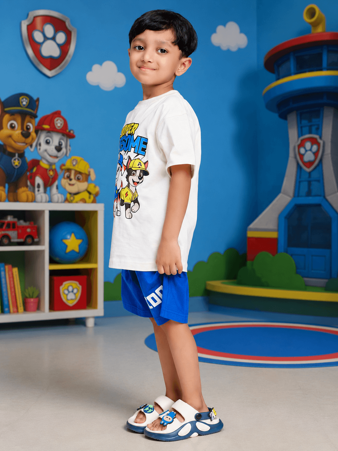 SUPER SQUAD CO-ORD SET FOR BOYS GIRLS WHITE BLUE worn by a boy in a playful setting